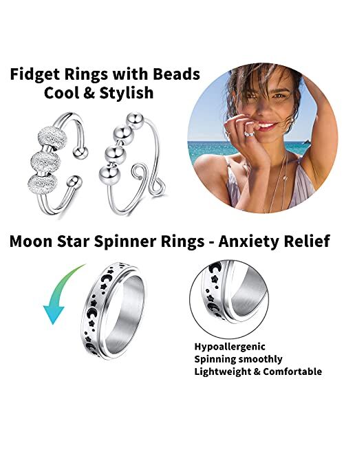 Fidget Rings for Anxiety 8pcs Stainless Steel Spinner Ring Anti Anxiety Ring Spinning Moon Star Cool Stress Relieveing Rings for Women Men