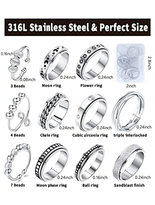 Fidget Rings for Anxiety 8pcs Stainless Steel Spinner Ring Anti Anxiety Ring Spinning Moon Star Cool Stress Relieveing Rings for Women Men