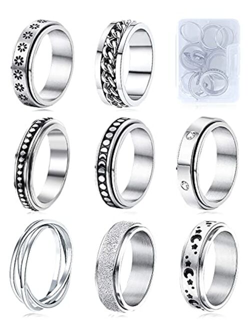 Fidget Rings for Anxiety 8pcs Stainless Steel Spinner Ring Anti Anxiety Ring Spinning Moon Star Cool Stress Relieveing Rings for Women Men