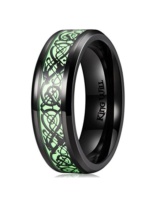 King Will DRAGON 7mm/8mm Green/Blue Celtic Dragon Rings Luminou Glow Black/Silver Titanium Wedding Ring for Men Zircon