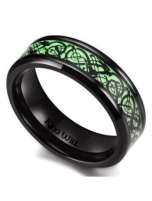 King Will DRAGON 7mm/8mm Green/Blue Celtic Dragon Rings Luminou Glow Black/Silver Titanium Wedding Ring for Men Zircon