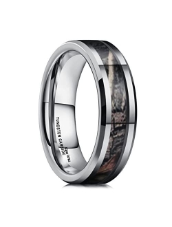 King Will 6mm/8mm Mens Black/Silver Camo Tungsten Carbide Ring Camouflage Comfort Fit Wedding Band