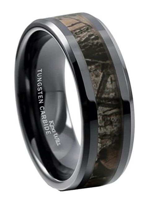 King Will 6mm/8mm Mens Black/Silver Camo Tungsten Carbide Ring Camouflage Comfort Fit Wedding Band