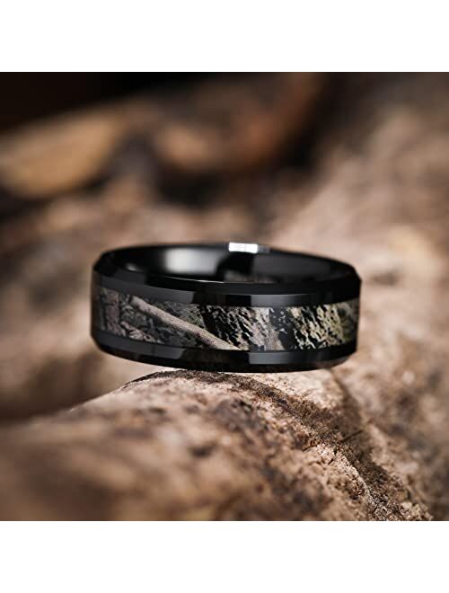 King Will 6mm/8mm Mens Black/Silver Camo Tungsten Carbide Ring Camouflage Comfort Fit Wedding Band