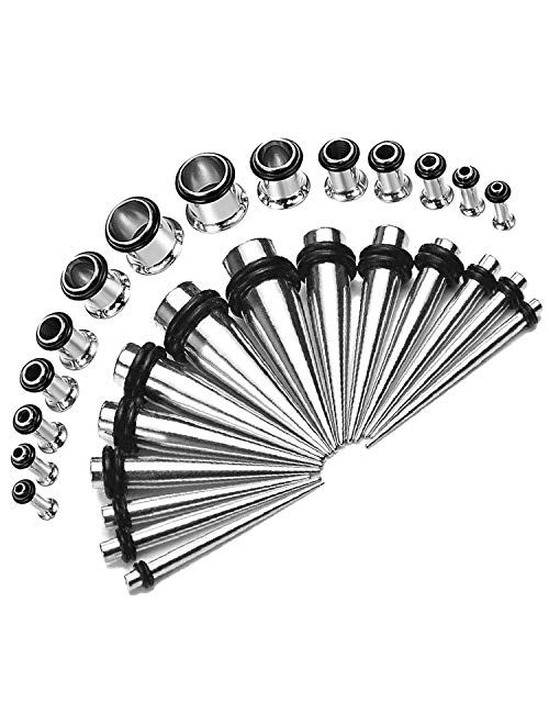 BodyJ4You 28PC Gauges Kit Ear Stretching 12G-0G Surgical Steel Tunnel Plugs Tapers Piecing Set