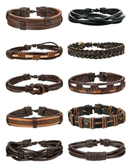 FIBO STEEL 10-12 Pcs Braided Leather Bracelets for Men Women Cuff Bracelet,Adjustable