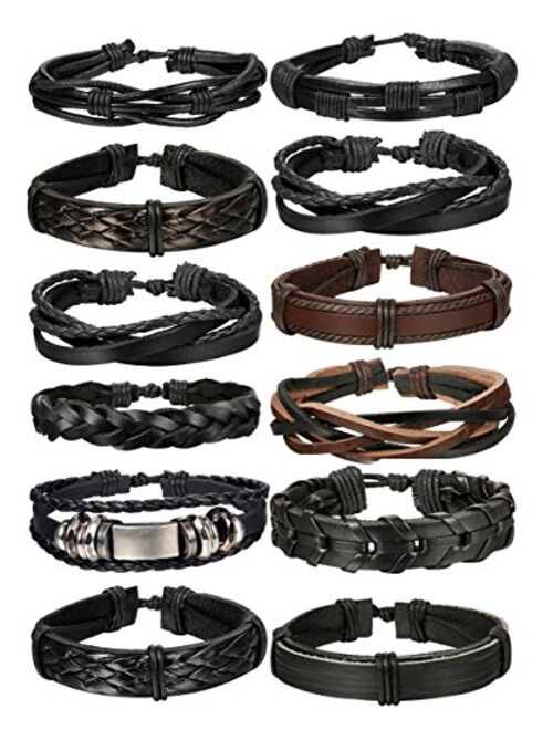 FIBO STEEL 10-12 Pcs Braided Leather Bracelets for Men Women Cuff Bracelet,Adjustable