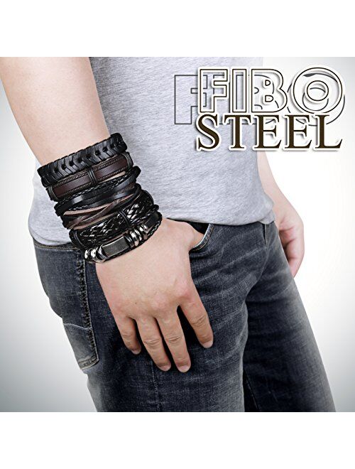 FIBO STEEL 10-12 Pcs Braided Leather Bracelets for Men Women Cuff Bracelet,Adjustable