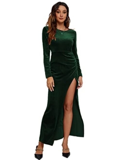 CMZ2005 Women's Velvet Long Sleeves Backless Party Maxi Dress Ruched High Side Slit Formal Evening Gown 71891