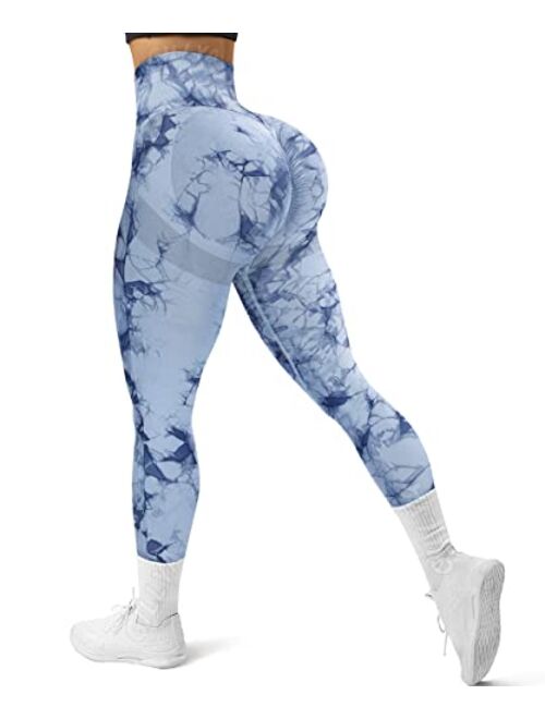 GILLYA Seamless Yoga Pants Seamless Workout Leggings for Women Tummy Control Butt Lift Scrunch Booty Leggings Ribbed Tie Dye