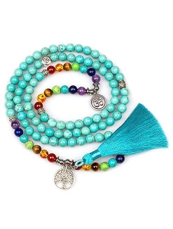 PWMENLK Crystal Necklace,108 Mala Prayer Beads Turquoise Necklace Semi-Precious Gem Stones Meditation Spiritual Protection Yoga Friendship Chakra Bracelets with Tree of L