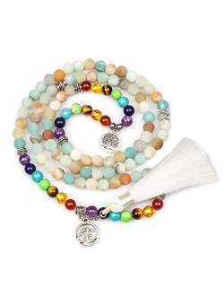 PWMENLK Crystal Necklace,108 Mala Prayer Beads Turquoise Necklace Semi-Precious Gem Stones Meditation Spiritual Protection Yoga Friendship Chakra Bracelets with Tree of L