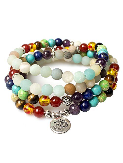 PWMENLK Crystal Necklace,108 Mala Prayer Beads Turquoise Necklace Semi-Precious Gem Stones Meditation Spiritual Protection Yoga Friendship Chakra Bracelets with Tree of L