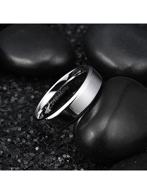 King Will Men 4mm/6mm/8mm Black Silver Matte Brushed Stainless Steel Ring Stepped Beveled Edge Polished Laser Etched I Love You