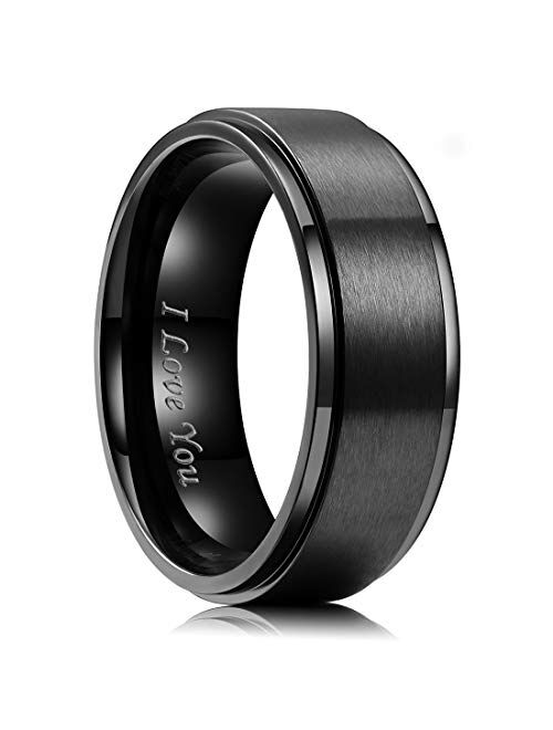 King Will Men 4mm/6mm/8mm Black Silver Matte Brushed Stainless Steel Ring Stepped Beveled Edge Polished Laser Etched I Love You