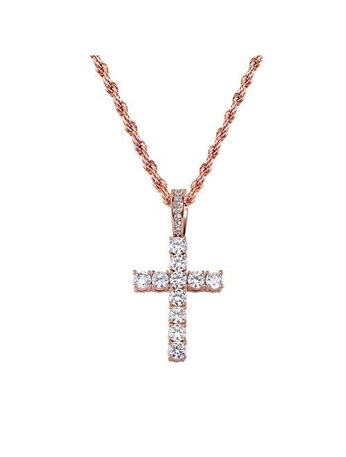 TOPGRILLZ 14K Gold&Silver Plated Solid Iced out CZ Lab Cubic Zirconia Cross Pendant Necklace for Men Women Stainless Chain