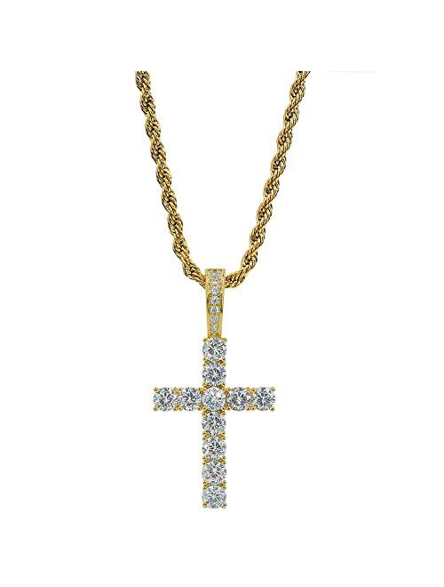 TOPGRILLZ 14K Gold&Silver Plated Solid Iced out CZ Lab Cubic Zirconia Cross Pendant Necklace for Men Women Stainless Chain