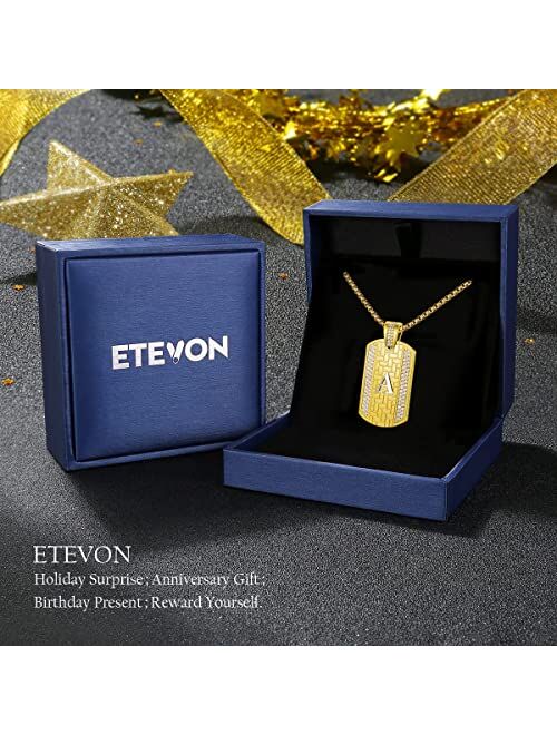 ETEVON 18K Gold Plated Initial Necklace, Gold Stainless Steel Letter Pendant Necklace Hip Hop Diamond Square Chain Jewelry Gift for Men Women Boy Birthday Valentines Day 