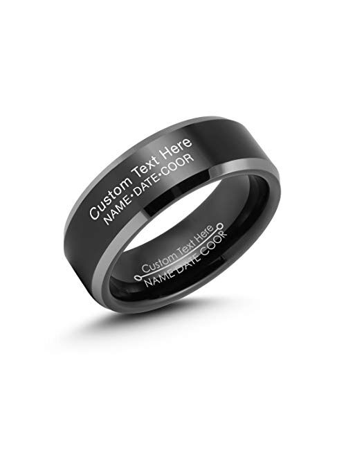 LerchPhi 8mm Black/Metal Tungsten Rings for Men Wedding Bands High Polished Bevelled Edge Comfort Fit Optional Customized Text