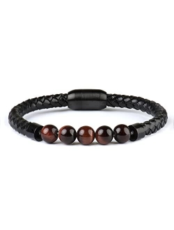 Ckysee 7 Chakra Lava Project Rock Lokai Bracelet Healing Balancing Genuine Leather Bracelets with Magnetic Clasp Tiger Eye Agate Howlite for Men Pulsera Cuero Hombre