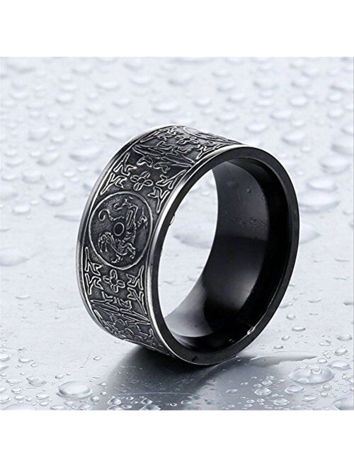 PAMTIER Men's Stainless Steel Ring Ancient 4 Guardian Beast, Dragon, White Tiger, Suzaku, Basalt Carved