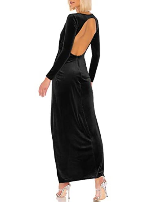 Capuffy Women's High Side Slit Velvet Cocktail Party Dress Long Sleeves Backless Ruched Formal Maxi Dress 066