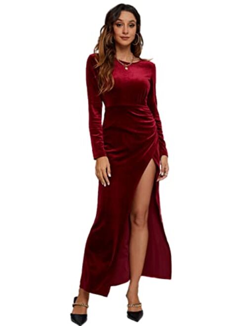 Capuffy Women's High Side Slit Velvet Cocktail Party Dress Long Sleeves Backless Ruched Formal Maxi Dress 066