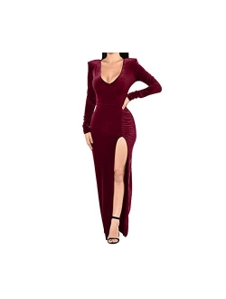 Halfword Sexy V Neck Velvet Dress for Women's Ruched Side Slit Maxi Long Sleeve Party Cocktail Maxi Dress 90S Retro Dress