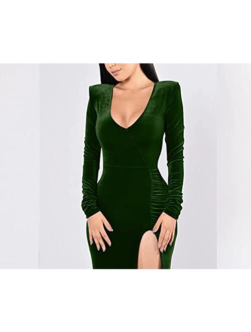 Halfword Sexy V Neck Velvet Dress for Women's Ruched Side Slit Maxi Long Sleeve Party Cocktail Maxi Dress 90S Retro Dress