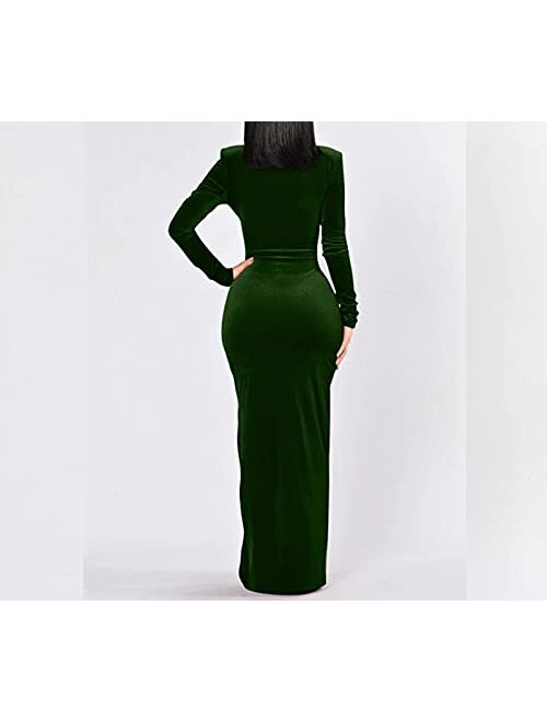 Halfword Sexy V Neck Velvet Dress for Women's Ruched Side Slit Maxi Long Sleeve Party Cocktail Maxi Dress 90S Retro Dress