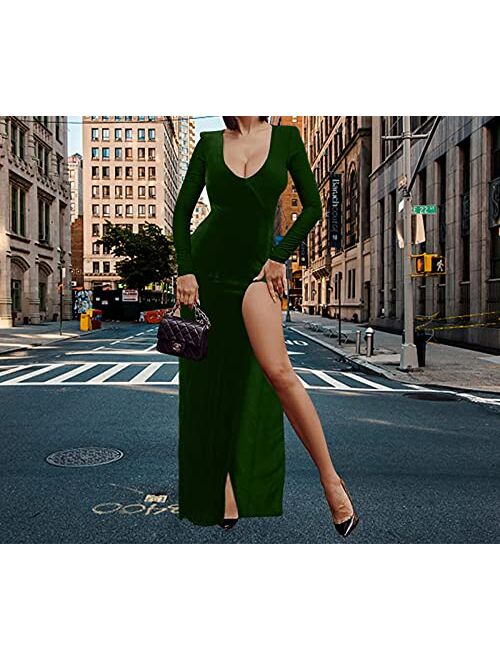 Halfword Sexy V Neck Velvet Dress for Women's Ruched Side Slit Maxi Long Sleeve Party Cocktail Maxi Dress 90S Retro Dress