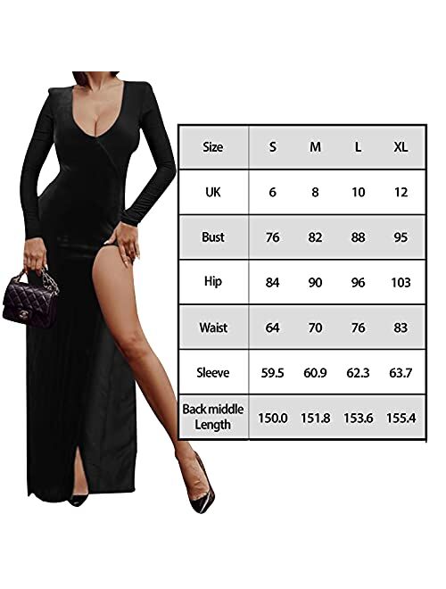 Halfword Sexy V Neck Velvet Dress for Women's Ruched Side Slit Maxi Long Sleeve Party Cocktail Maxi Dress 90S Retro Dress