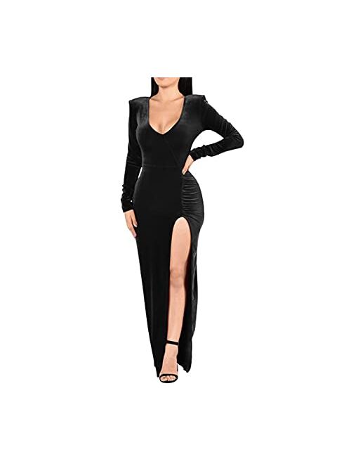 Halfword Sexy V Neck Velvet Dress for Women's Ruched Side Slit Maxi Long Sleeve Party Cocktail Maxi Dress 90S Retro Dress