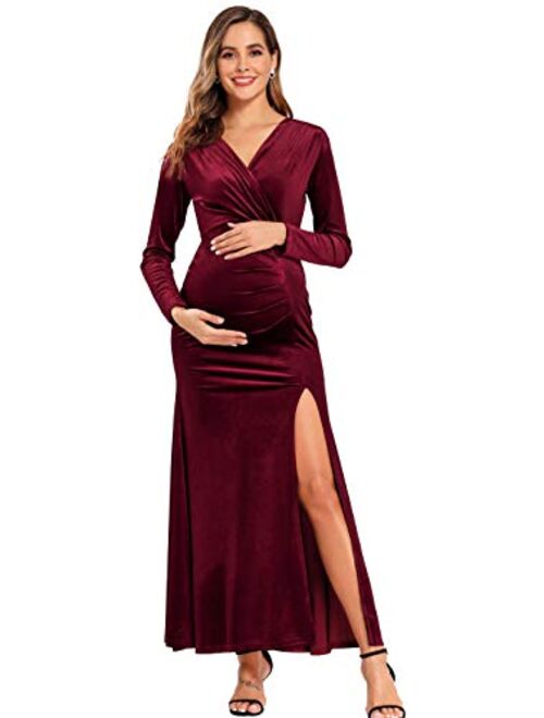 Babalet Women's Wine Red Elegant Velvet Formal Dress Bodycon Wedding Guest Maxi Long Sleeve Dress