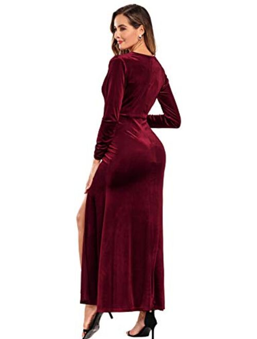 Babalet Women's Wine Red Elegant Velvet Formal Dress Bodycon Wedding Guest Maxi Long Sleeve Dress