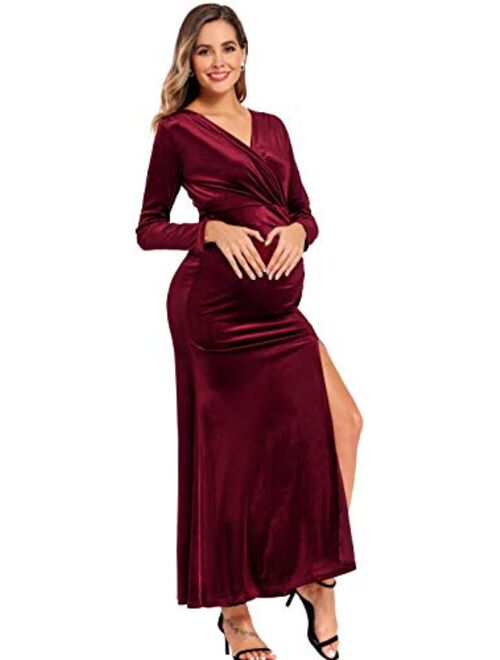 Babalet Women's Wine Red Elegant Velvet Formal Dress Bodycon Wedding Guest Maxi Long Sleeve Dress