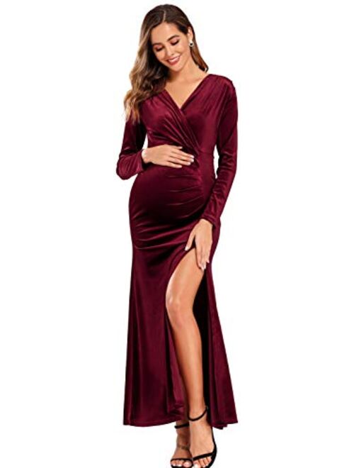 Babalet Women's Wine Red Elegant Velvet Formal Dress Bodycon Wedding Guest Maxi Long Sleeve Dress