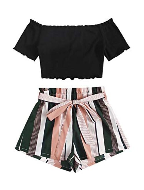 Buy Floerns Womens 2 Piece Outfit Off Shoulder Lettuce Trim Crop Top And Shorts Set Online 0438