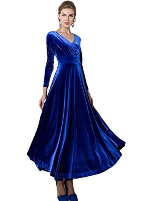 EXCHIC Women Elegant Velvet Long Dress Evening Party Dancing Dress Christmas Maxi Dress