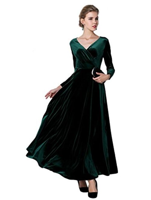 EXCHIC Women Elegant Velvet Long Dress Evening Party Dancing Dress Christmas Maxi Dress