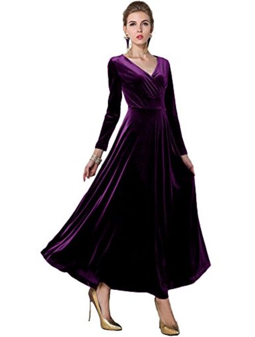 EXCHIC Women Elegant Velvet Long Dress Evening Party Dancing Dress Christmas Maxi Dress