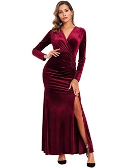 Ababalaya Long Sleeve Wrap Velvet Long Formal Cocktail Maxi Dress