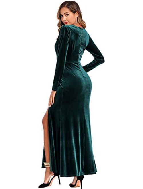 Ababalaya Long Sleeve Wrap Velvet Long Formal Cocktail Maxi Dress