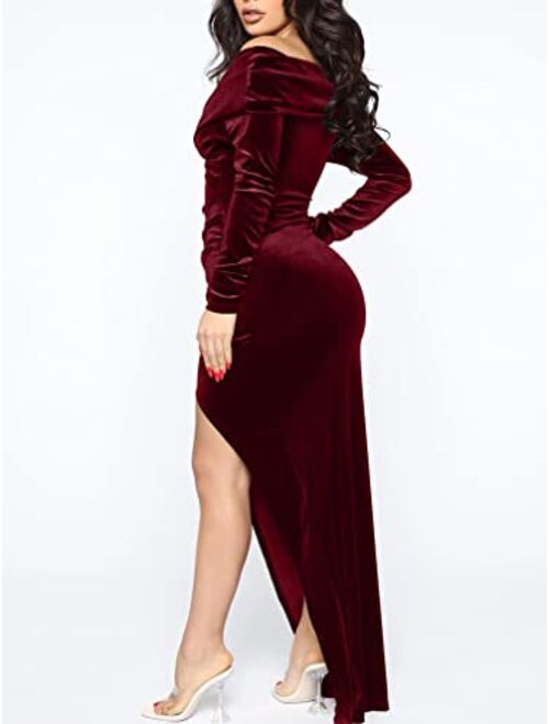 ZileZile Women's Wine Red Sexy Velvet Long Sleeve Off Shoulder High Slit Ruched Evening Cocktail Party Maxi Dresses