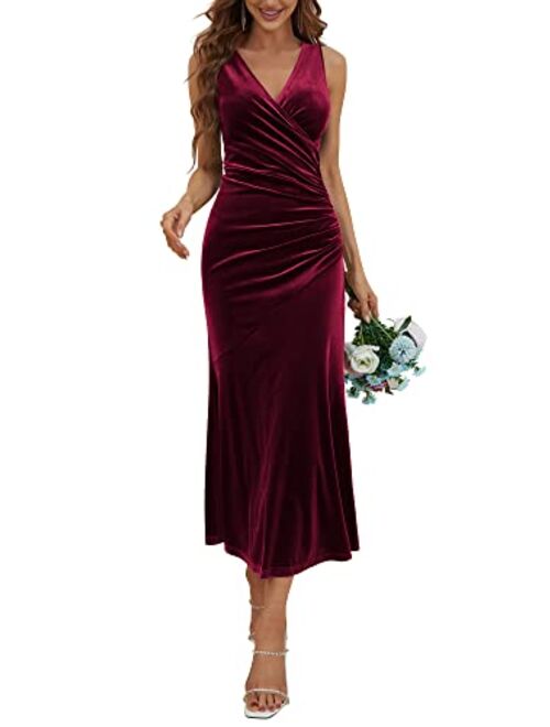 Women's V Neck Wrap Long Sleeve Elegant Mermaid Velvet Cocktail Maxi Dress Evening Party