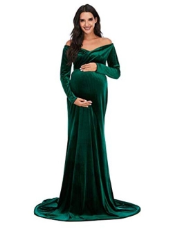 ZIUMUDY Velvet Maternity Off Shoulder Fitted Photography Gown Long Sleeve Maxi Photo Shoot Baby Shower Dress