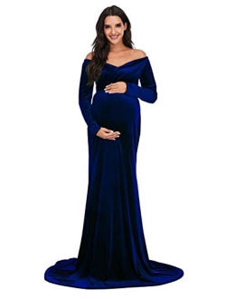 ZIUMUDY Velvet Maternity Off Shoulder Fitted Photography Gown Long Sleeve Maxi Photo Shoot Baby Shower Dress