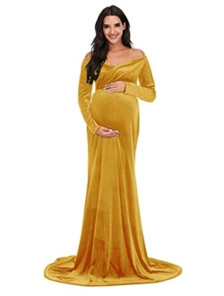 ZIUMUDY Velvet Maternity Off Shoulder Fitted Photography Gown Long Sleeve Maxi Photo Shoot Baby Shower Dress