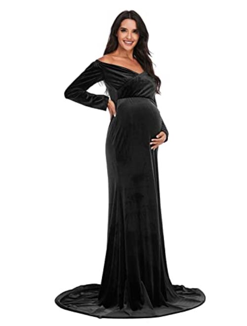 Buy ZIUMUDY Velvet Maternity Off Shoulder Fitted Photography Gown Long ...