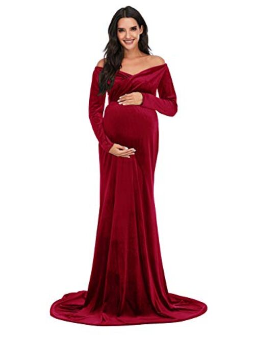 ZIUMUDY Velvet Maternity Off Shoulder Fitted Photography Gown Long Sleeve Maxi Photo Shoot Baby Shower Dress